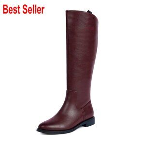 Knee High Boots Women Faux Leather Flat Heel Riding Boots
